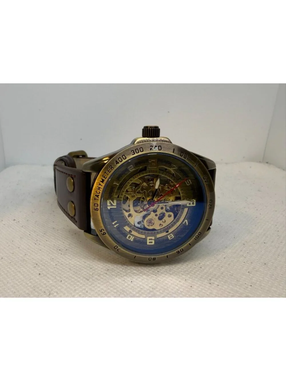 AMPM24 Steampunk Automatic Wind-up Skeleton Watch Bronze Case Brown Leather Band